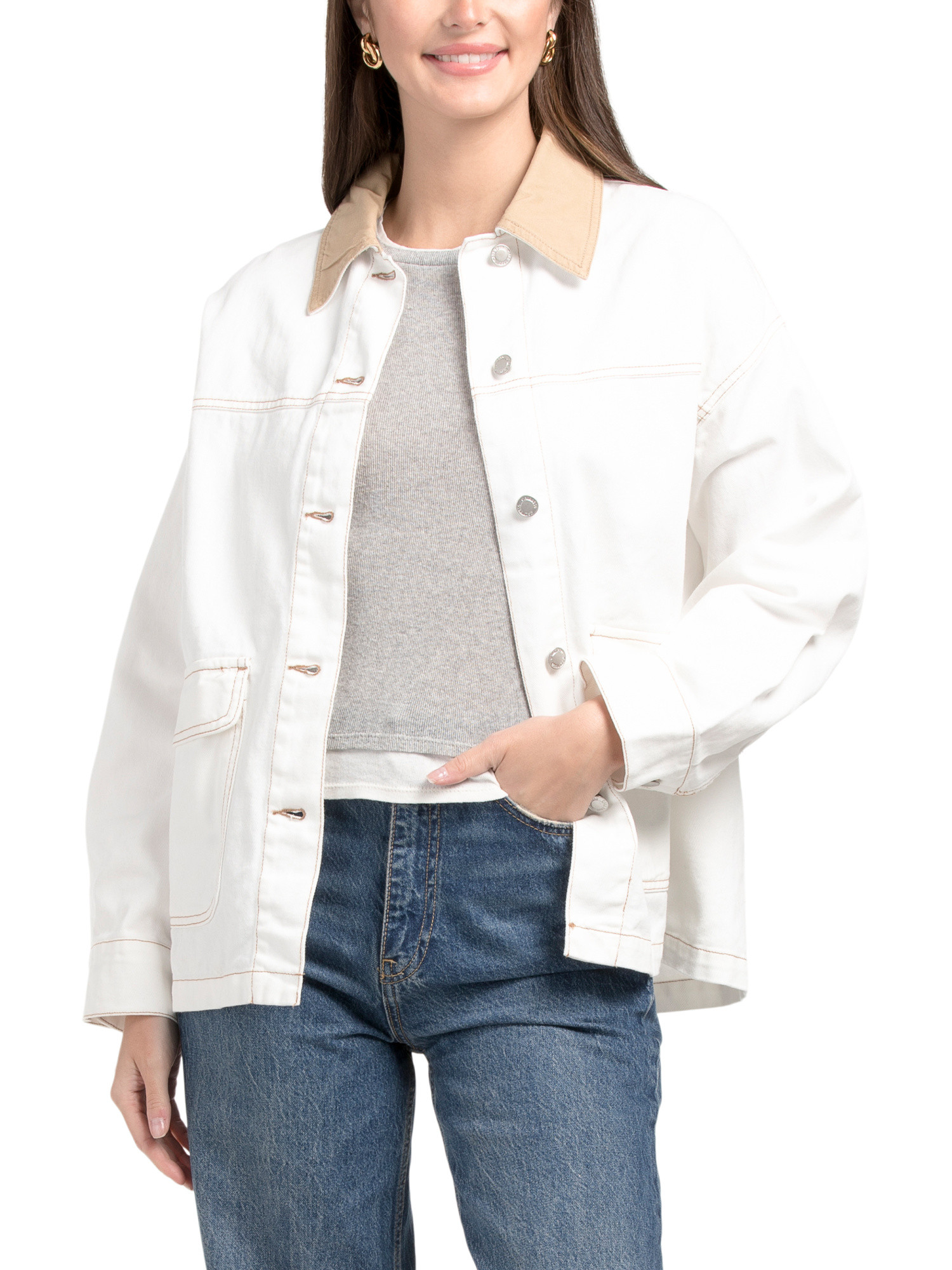 Oversized Denim Jacket With Contrast Collar | TJ Maxx