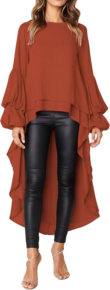 PRETTYGARDEN Women's Lantern Long Sleeve Round Neck High Low Asymmetrical Irregular Hem Casual To... | Amazon (US)