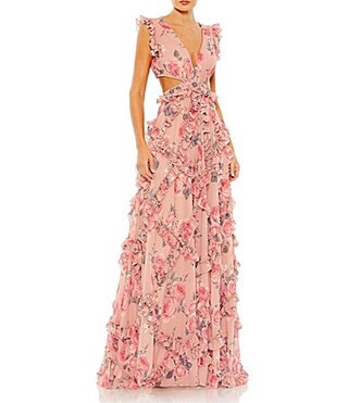 Mac Duggal Cutout Floral V-Neck Ruffled Cap Sleeve Gown - 6 | Dillard's
