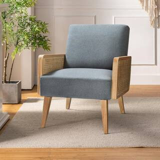 Delphine Modern Blue Accent Chair with Rattan Armrest and Wood Legs for Living Room and Bedroom | The Home Depot