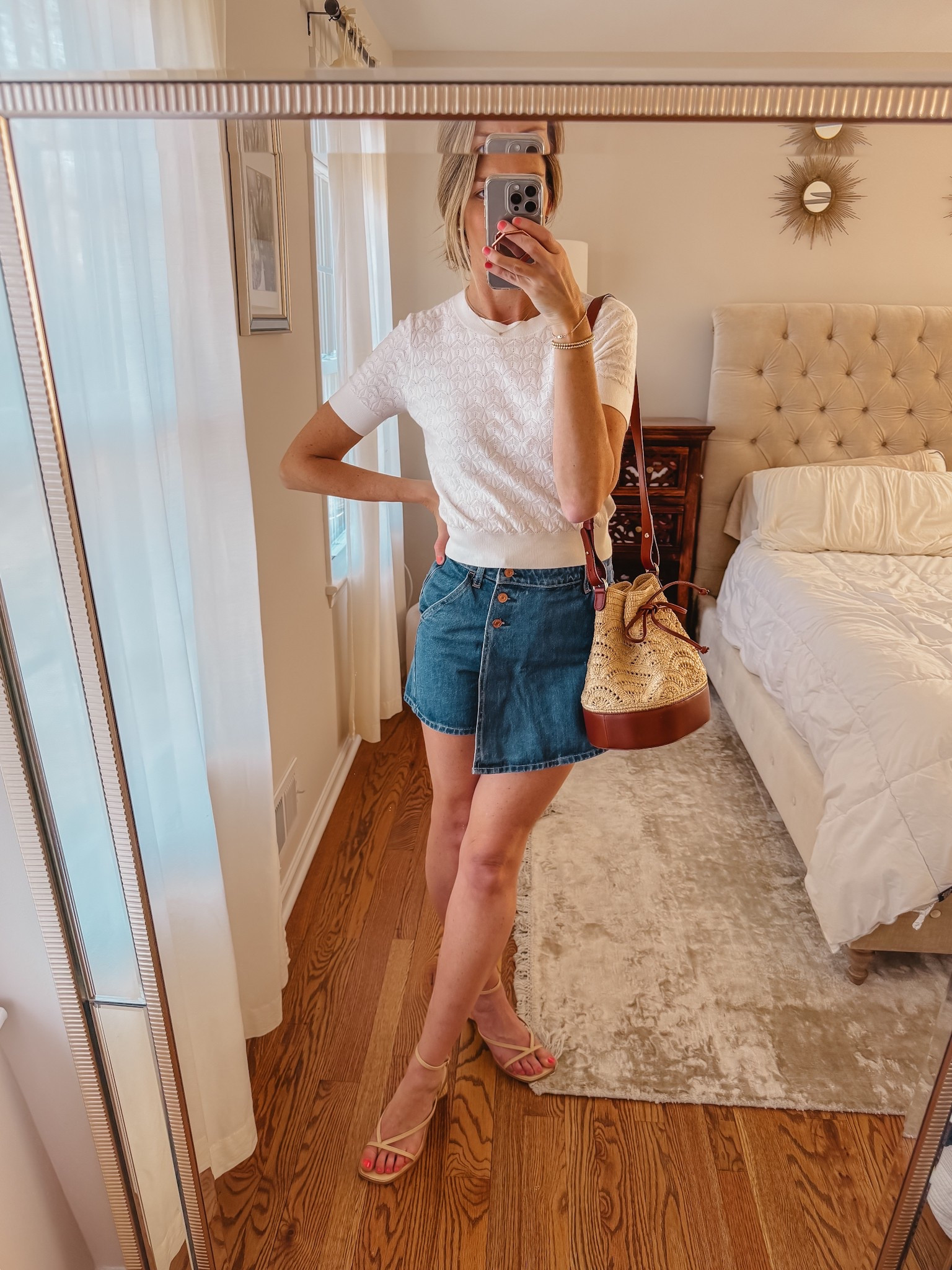 Summer casual style. Denim skort. Pointelle top. Raffia bucket bag. Summer bag. Summer outfits. Summer look  

#LTKSeasonal #LTKItBag #LTKFindsUnder100