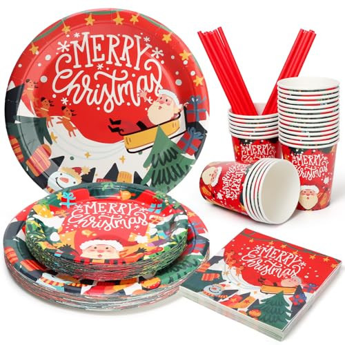 UVTQSSP Christmas Paper Plates and Cups Party Supplies, Red Merry Christmas Santa Claus Party Paper Plates and Cups, Disposable Tableware Set, Serve for 25 Guests, 125 PCS | Amazon (US)