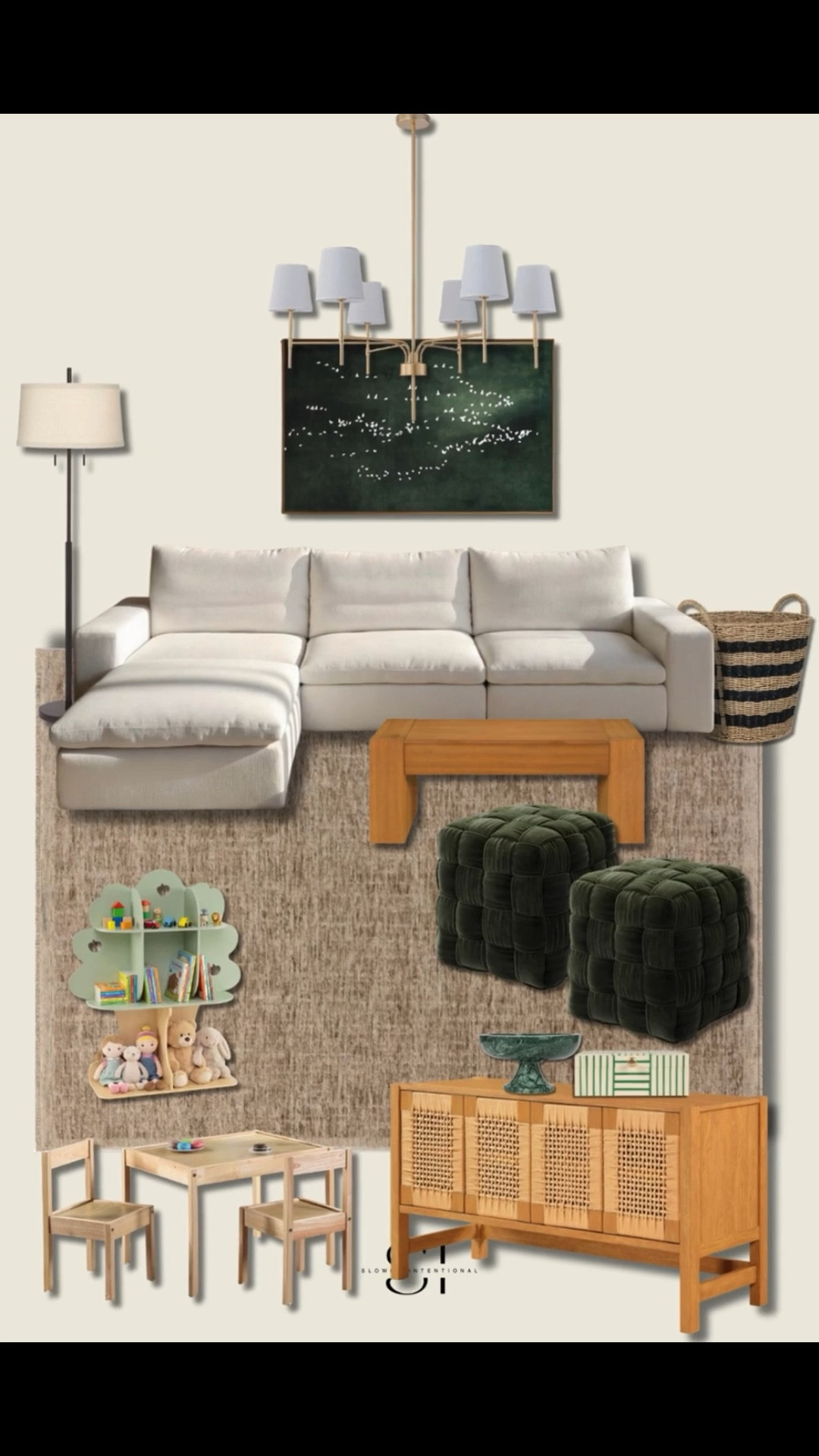 A family room that works as a playroom.. I am obsessing over this organic modern living room look that is perfect for a cozy family home! You can snag this dream sectional and these gorgeous green velvet ottomans to get a high-end designer vibe without the massive price tag. Click the links to shop these exact furniture finds and start your room makeover today! amazon home, amazon finds, walmart finds, walmart home, affordable home, amber interiors, studio mcgee, home roundup, target finds

#LTKHome