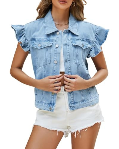 Ladyful Womens Denim Vest Top Ruffle Cap Sleeve Jean Vest Button Down Sleeveless Denim Jacket | Amazon (US)