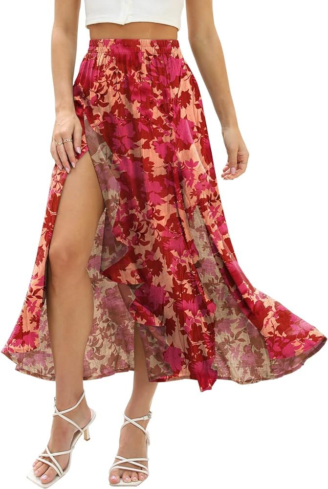 DEEP SELF Women Maxi Skirt for Summer Casual Ruffle Slit Elastic High Waist Flowy Floral Boho Lon... | Amazon (US)
