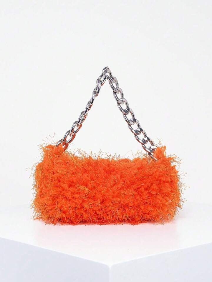 Solid Fuzz Soft Candy Color Iron Chain Satchel Bag, Y2K Style Women Shoulder Bags, Cute Charm Clu... | SHEIN