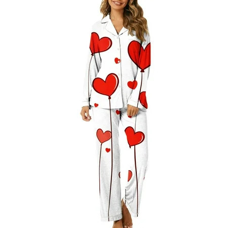 Moxiu Valentine s Day Pajama Sets for Women Long Sleeve Love Heart Print Satin PJ Sets Button-Down Pajama Sleepwear Loungewear 2025 White S | Walmart (US)