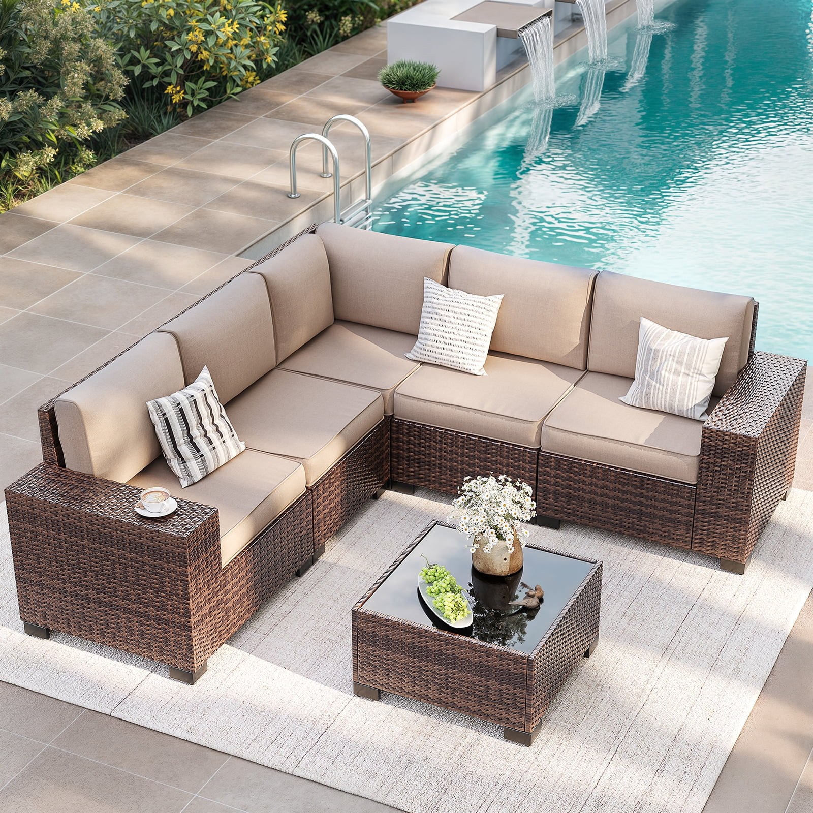 ELPOSUN Outdoor Sectional Furniture Set 6-Piece Brown Rattan Wicker Conversation Sofa Set with Gl... | Walmart (US)