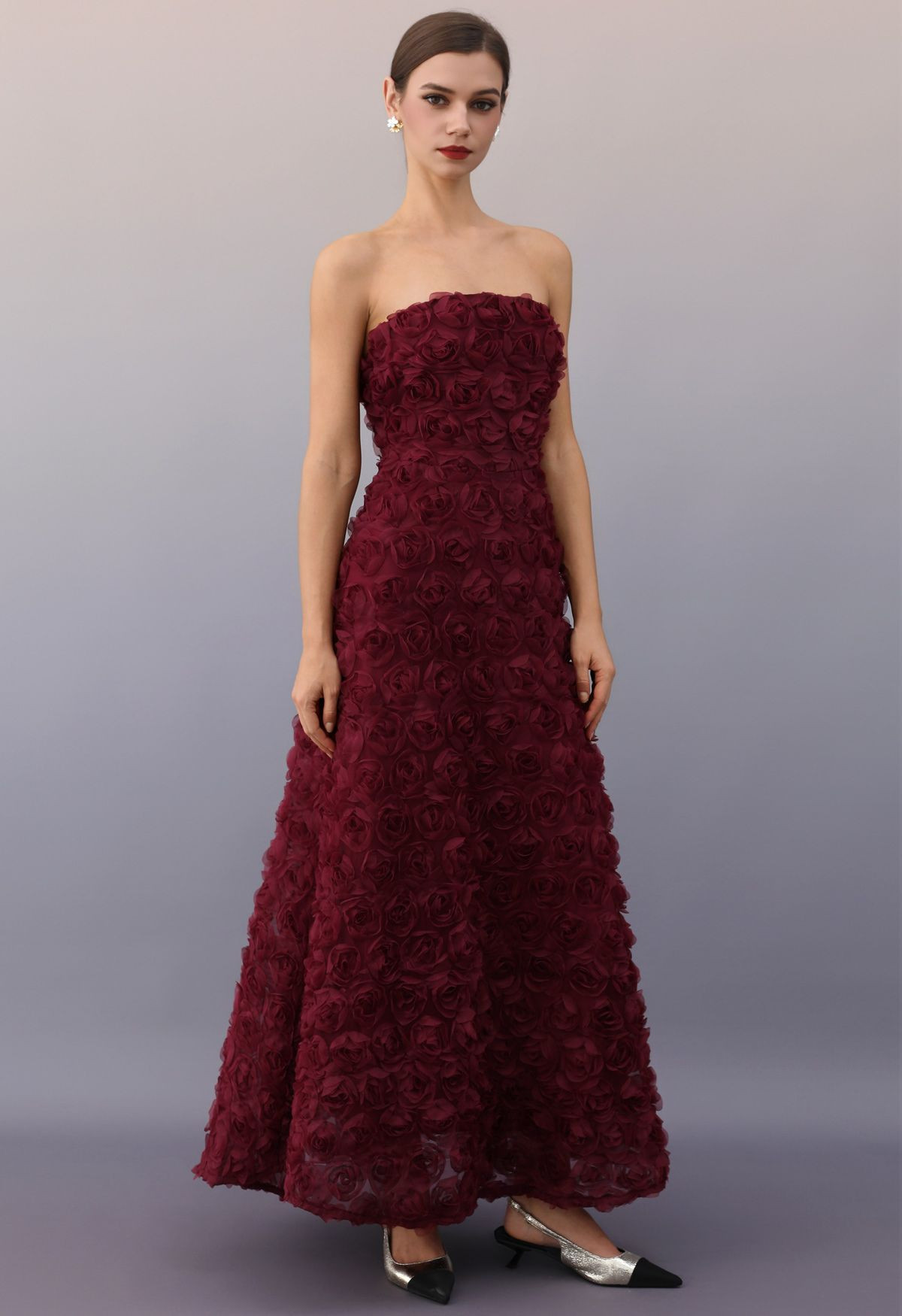 3D Rose Petal Strapless Mesh Maxi Dress | Chicwish