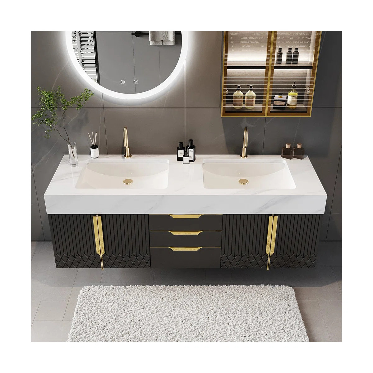 Aro Series Bathroom Vanity Set 59" Floating Faux Marble Bathroom Vanity Black With Sink | Wayfair North America