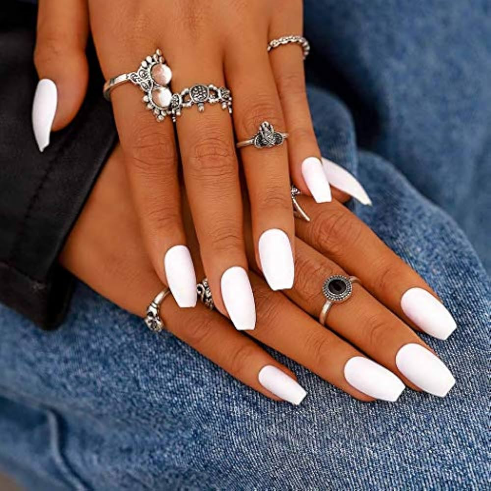 Campsis White Press on Nails Matte Coffin Long Acrylic Fake Nails Clips Cute False Nail Daily for... | Amazon (US)