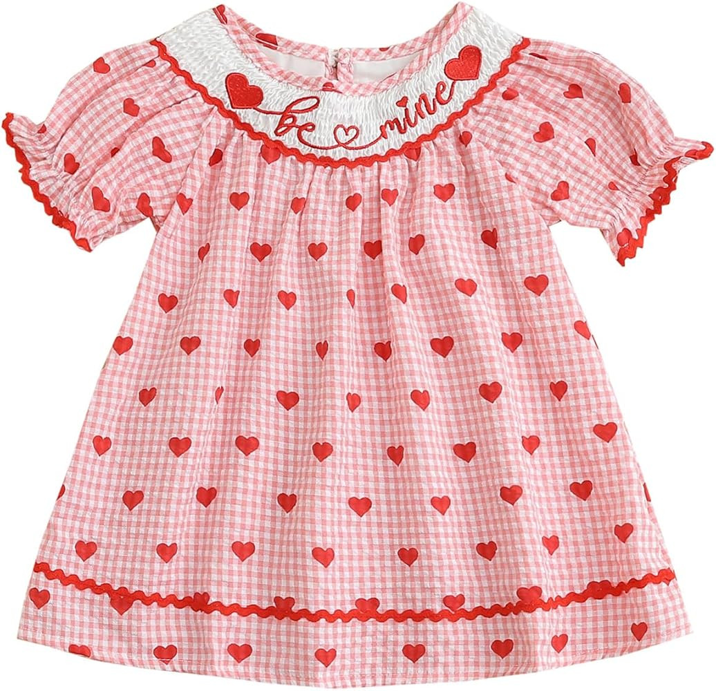Toddler Girl Valentines Outfit Embroider Be Mine Red Checkered Heart Dress Baby Valentine's Day D... | Amazon (US)