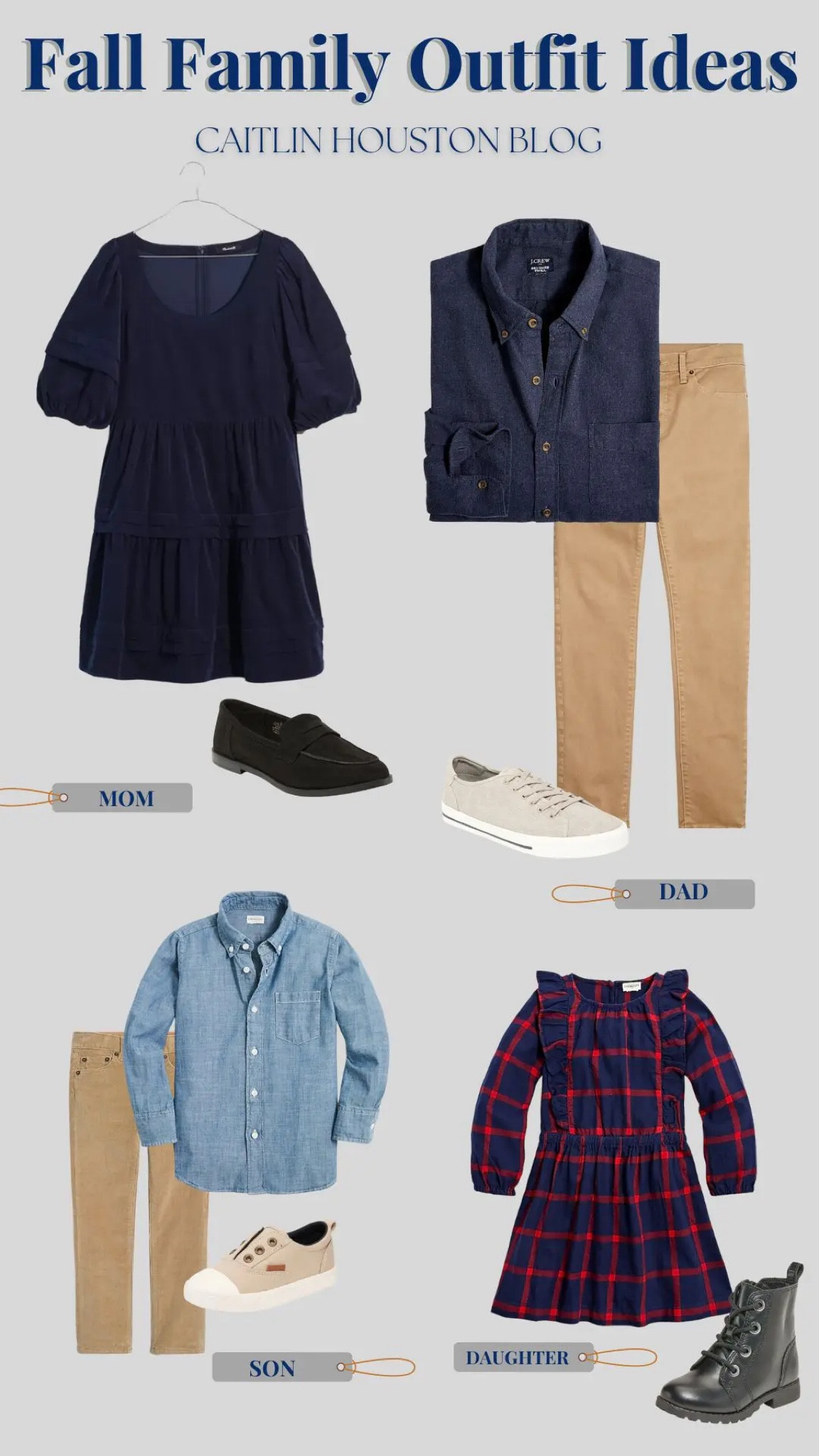 Fall family outfit ideas - family photo outfits in navy and tan - women's navy fall dress, girls plaid fall dress in navy and red, boys blue oxford and khaki pants, men's navy button down and khaki cords

#LTKMens #LTKKids #LTKFamily