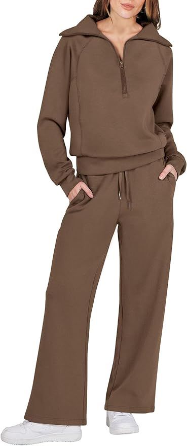 Caracilia Women Two Piece Outfits Sweatsuit Set Quarter Zip Oversized Sweatshirt Wide Leg Sweatpa... | Amazon (US)