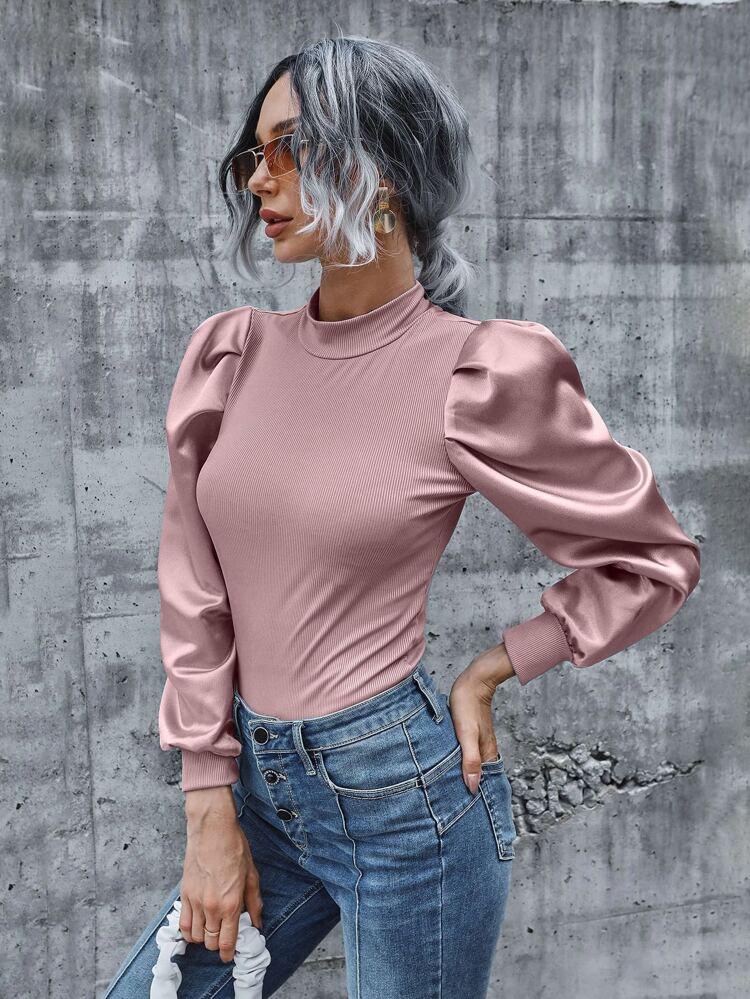 Mock Neck Lantern Sleeve Rib-knit Top | SHEIN