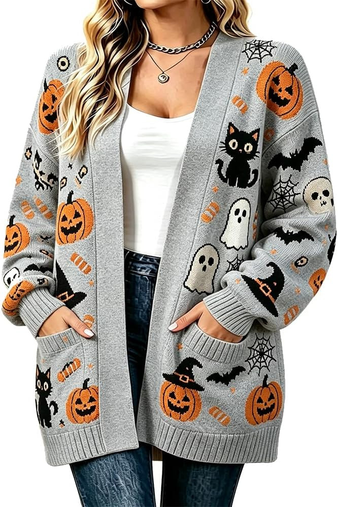 Halloween Pattern Women Knit Cardigan Open Front Sweater with Pockets | Amazon (US)