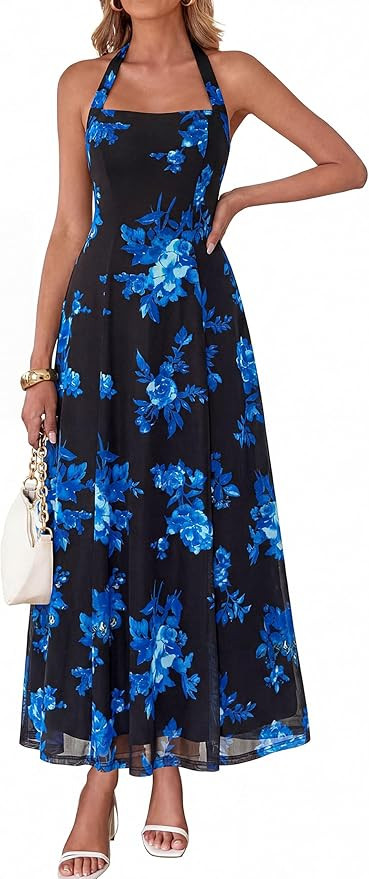 KIRUNDO Women's Summer Sleeveless Halter Floral Maxi Dress 2026 Beach Wedding Guest Cocktail Mesh... | Amazon (US)