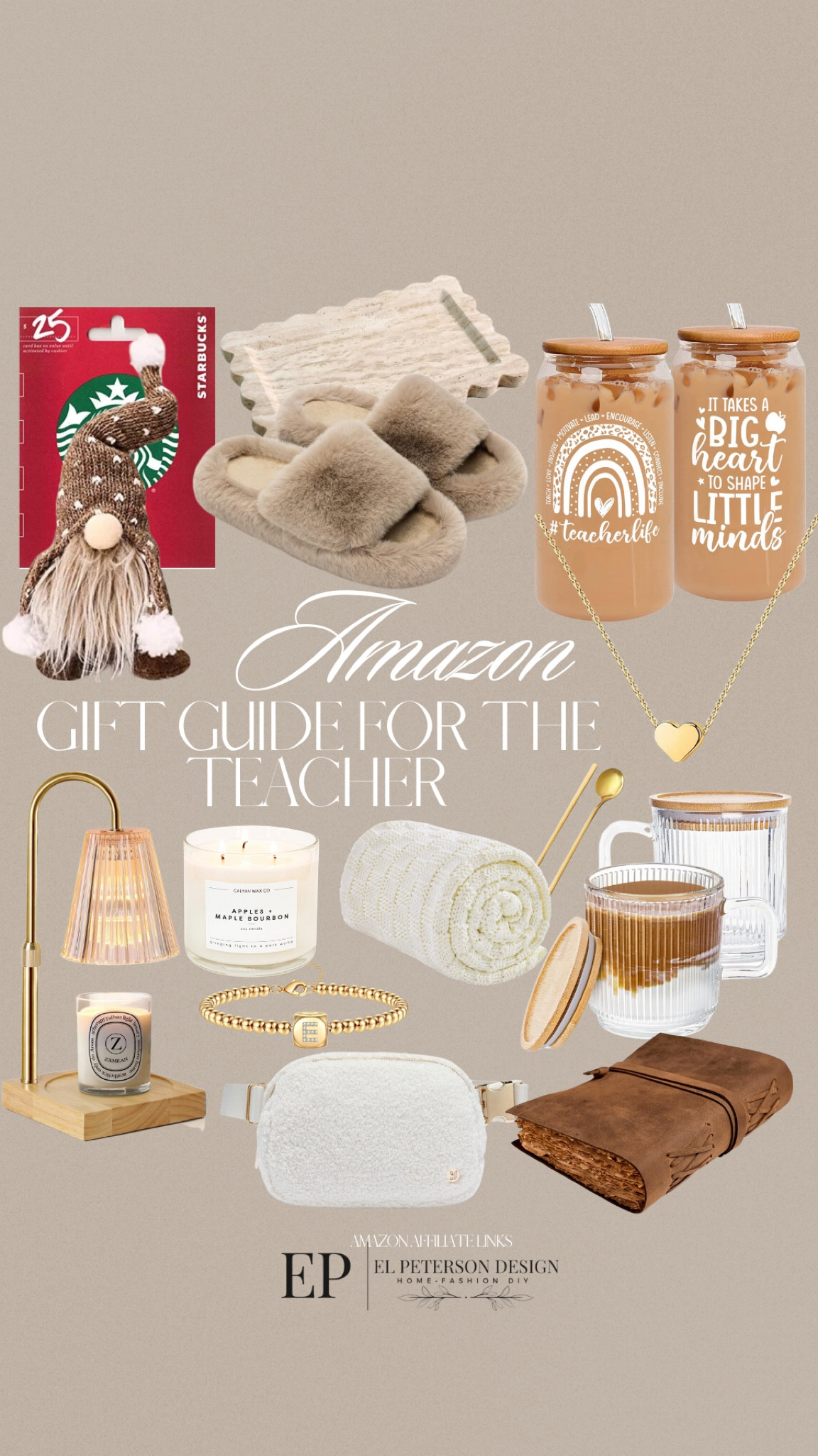 Amazon gift guide for the teacher 
Starbucks gift card
Gnome
Candle Warmer
Mugs
Blanket
Belt bag
Journal
Slippers
Marble tray
Bracelet 


#LTKGiftGuide