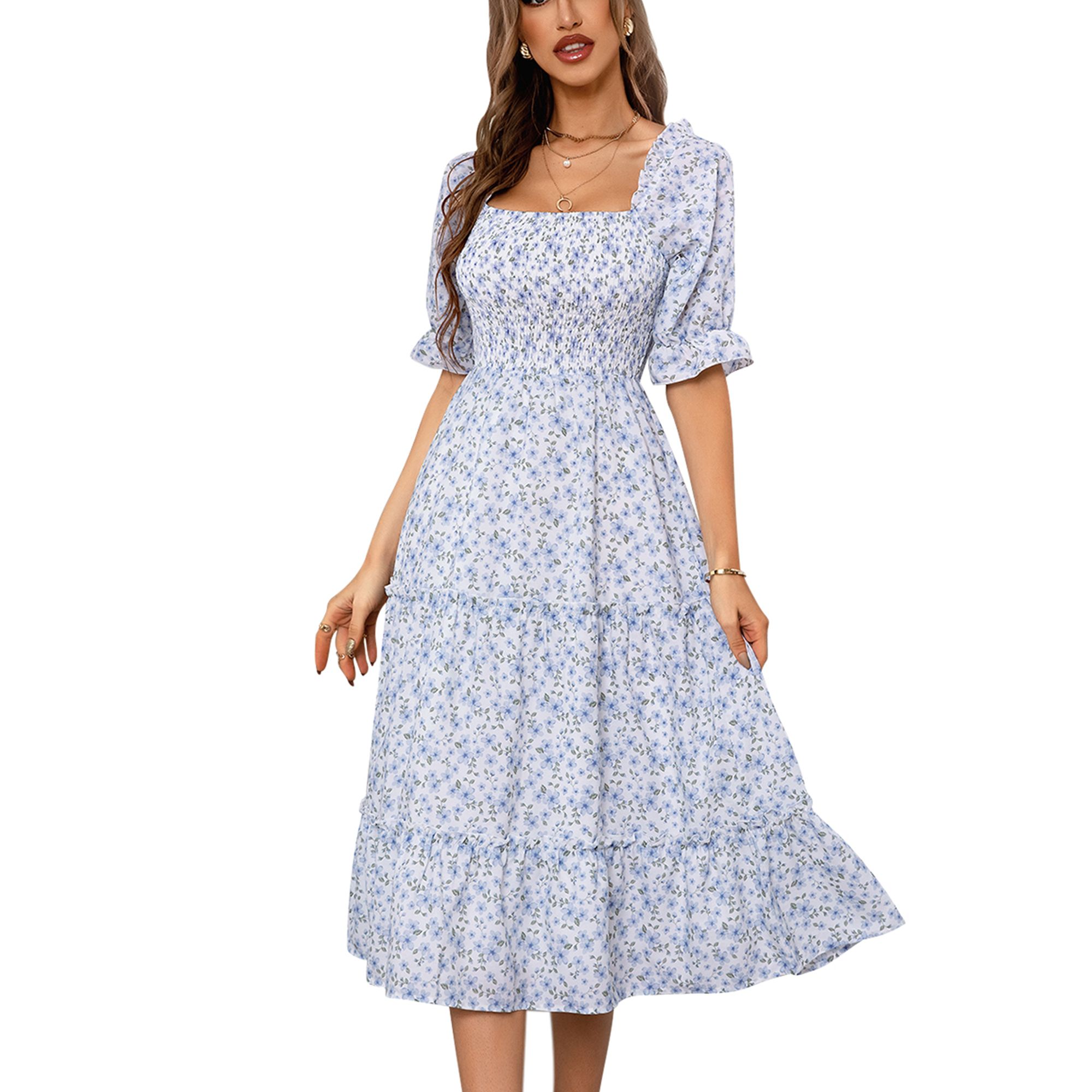 TEMOFON Short Sleeve Floral Midi Dress for Women Casual Square Neck Flowy Party Midi Dresses Blue | Walmart (US)