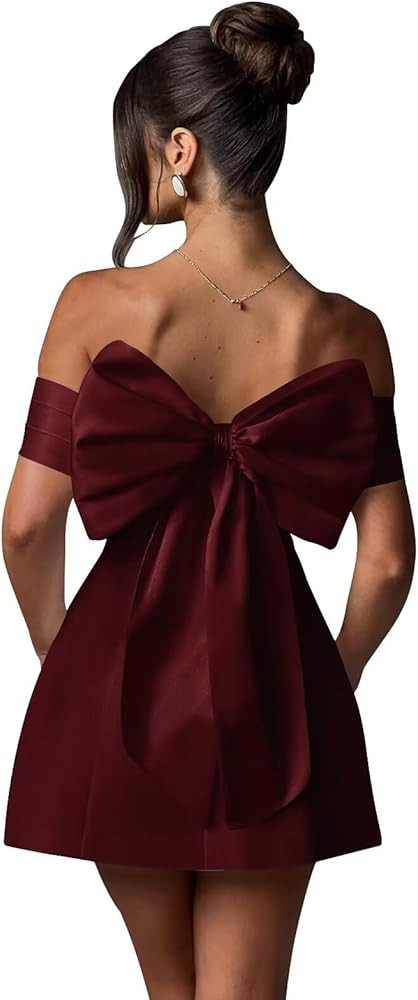 Short Satin Off Shoulder Homecoming Dress for Teens with Bow Prom Graduation Dresses | Amazon (US)