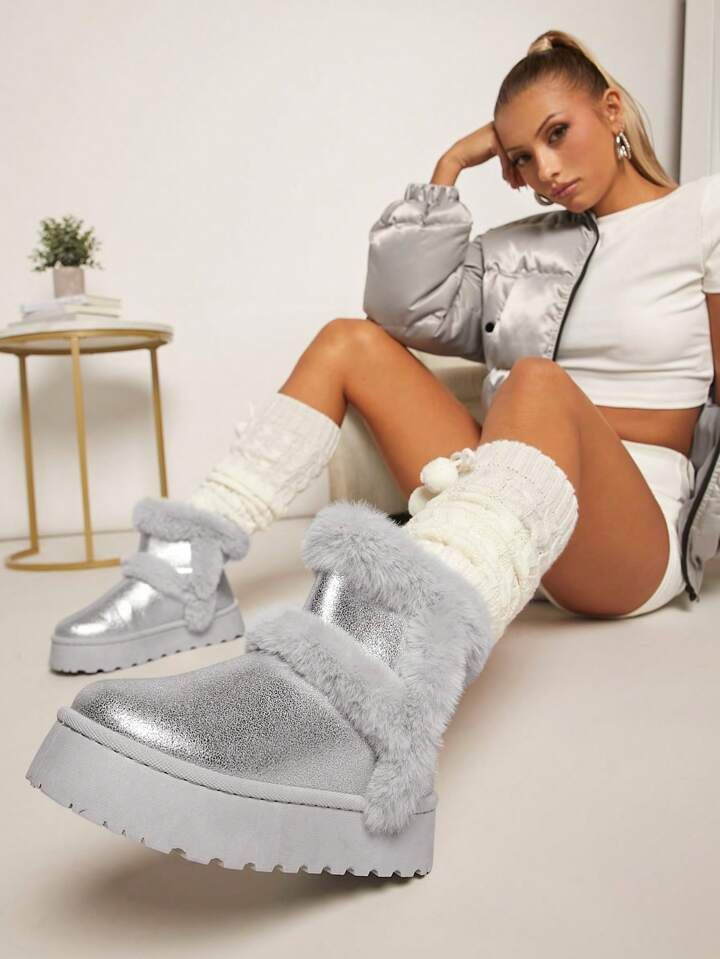 Glitter Fluffy Trim Ankle Boots | SHEIN