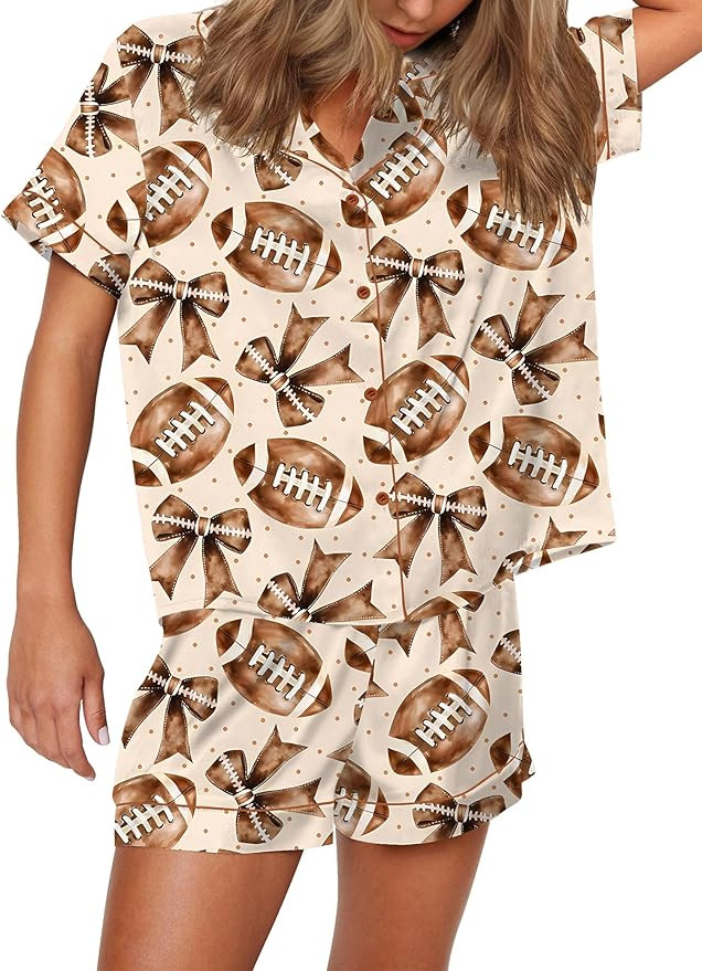 SHESHOW Pajamas for Women Set Satin Button Down Short Sleeve Top and Shorts Pjs Sets Sport Ball P... | Amazon (US)