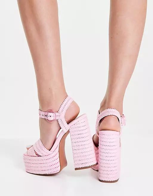 ASOS DESIGN Nudge platform heeled sandals in pink weave | ASOS (Global)