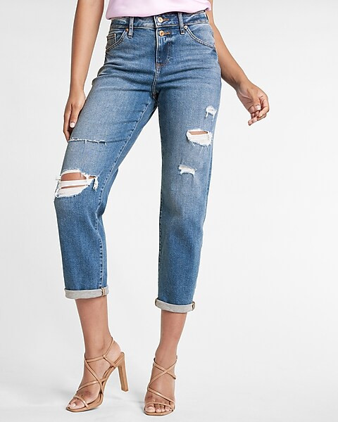 Mid Rise Medium Wash Ripped Boyfriend Jeans | Express