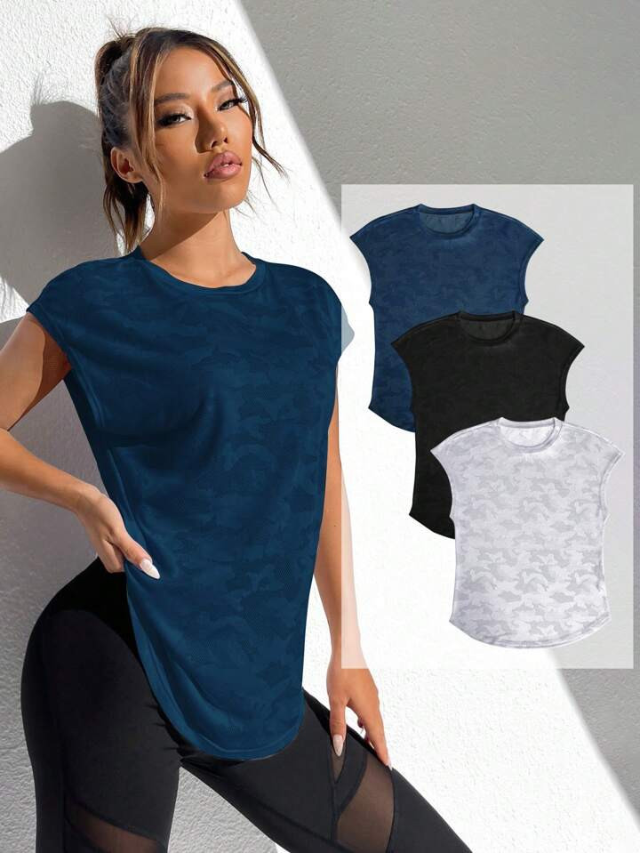 SHEIN Daily&Casual 3pcs Camo Curved Hem Sports Tee workout set | SHEIN