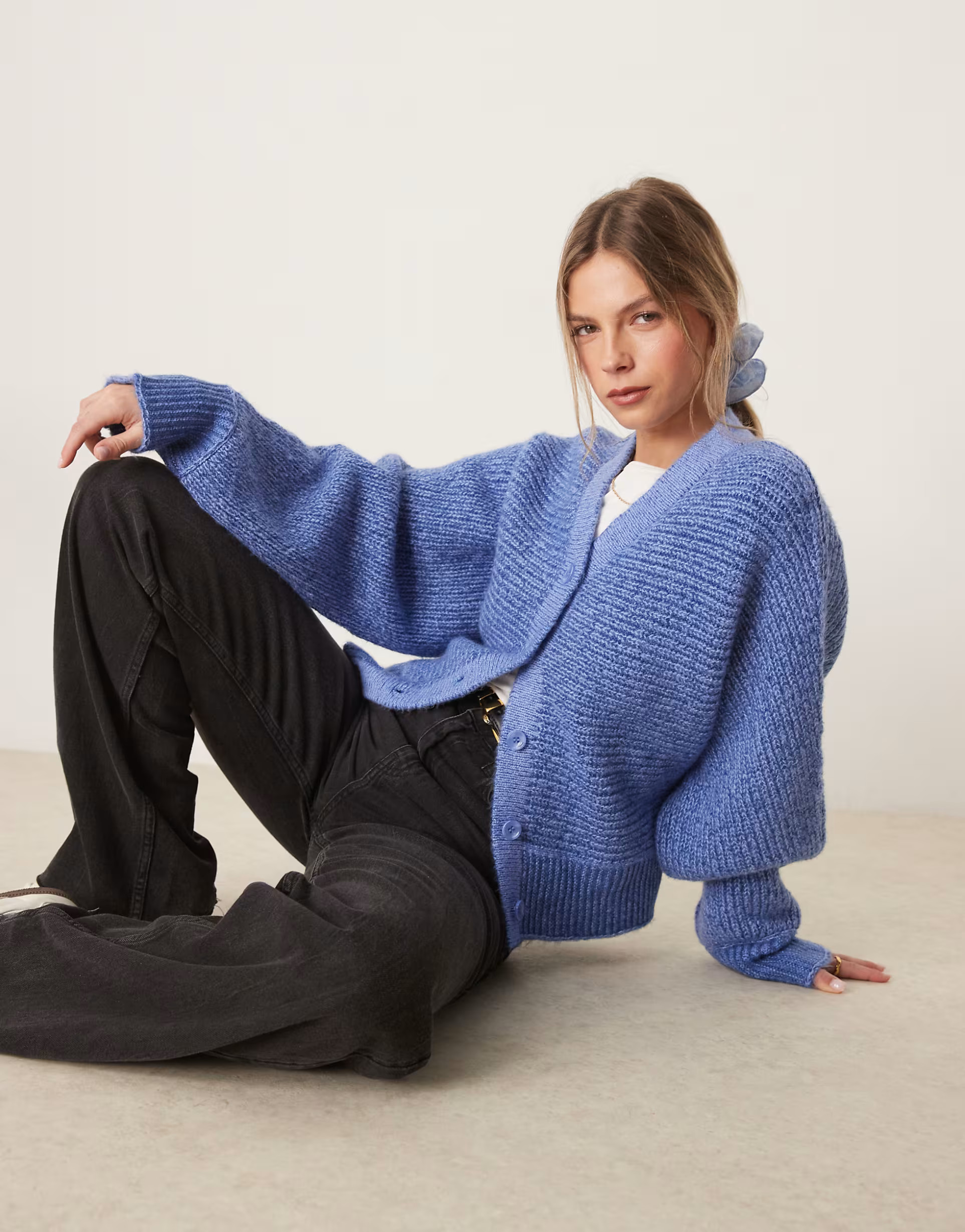 ASOS DESIGN knitted v neck batwing cardigan in blue | ASOS (Global)