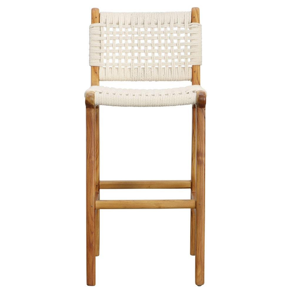 Nathan Coastal Beach Natural Teak Wood White Woven Rope Counter Stool | Kathy Kuo Home