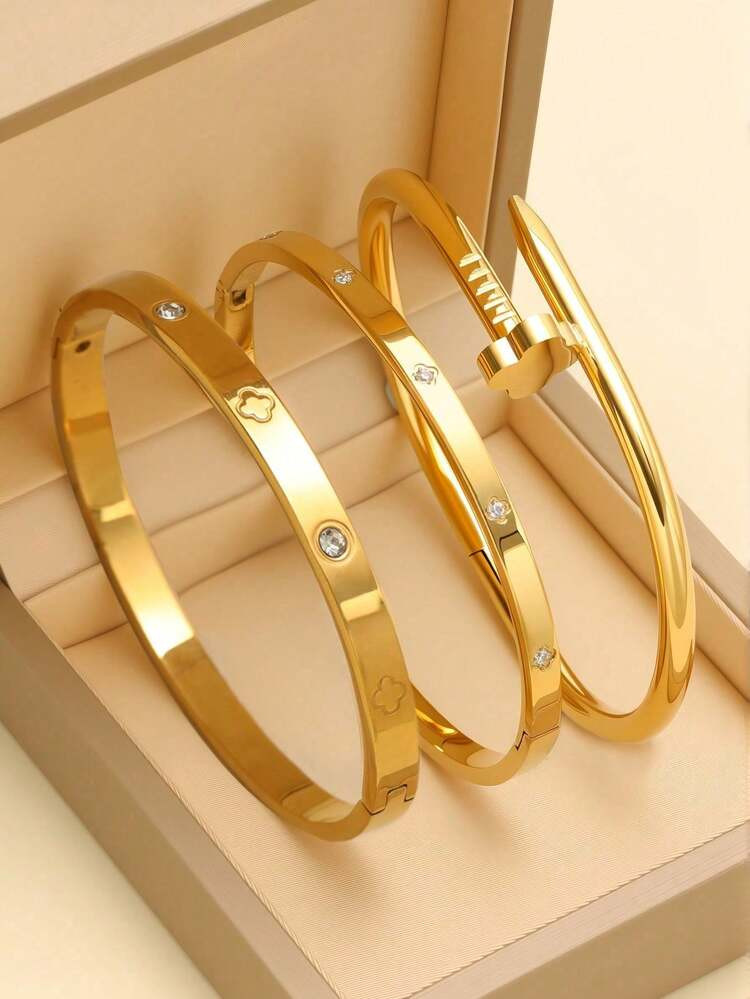 Waterproof Luxury Colorful Cubic Zirconia Bangles Stainless Steel Open Bracelet Bangle 18k Plated Fashion Jewelry Women | SHEIN