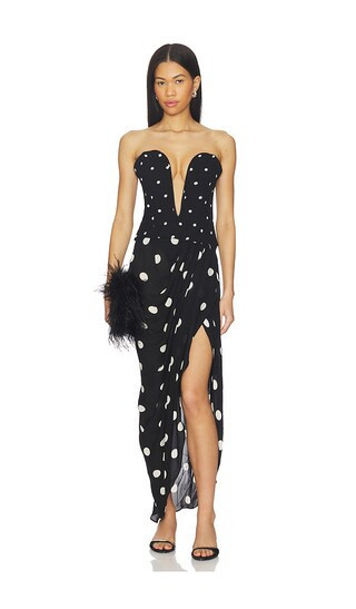 ADRIANA DEGREAS Polka Dot Strapless Midi Dress in Black. - size M | Revolve Clothing (Global)