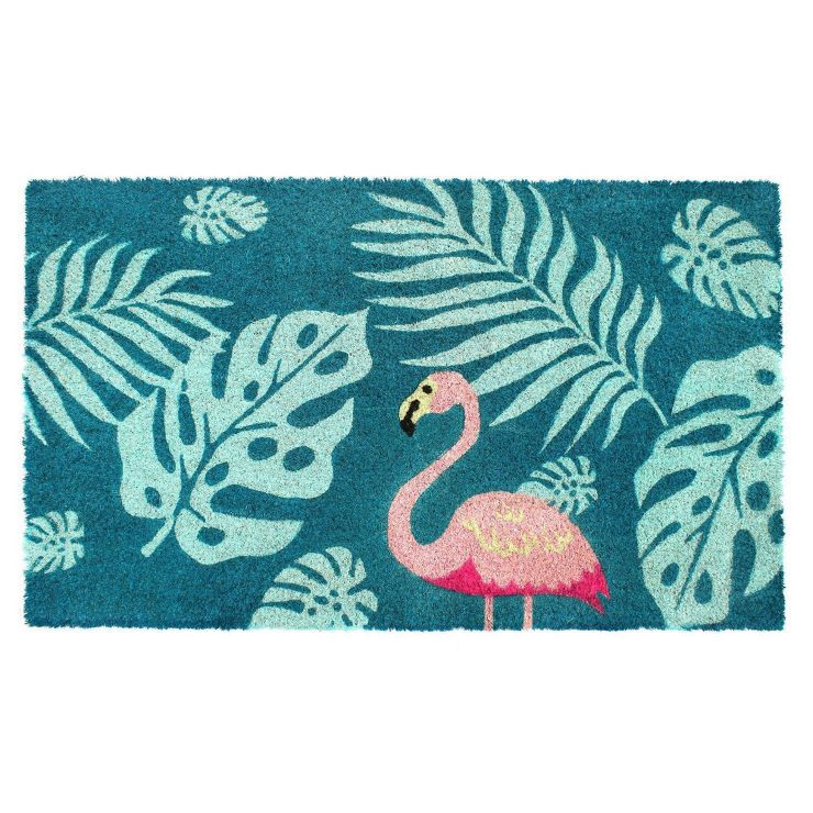 1'6" x 2'6" Tufted Palm Leaves Flamingo Coir Doormat Blue/Pink - Raj | Target