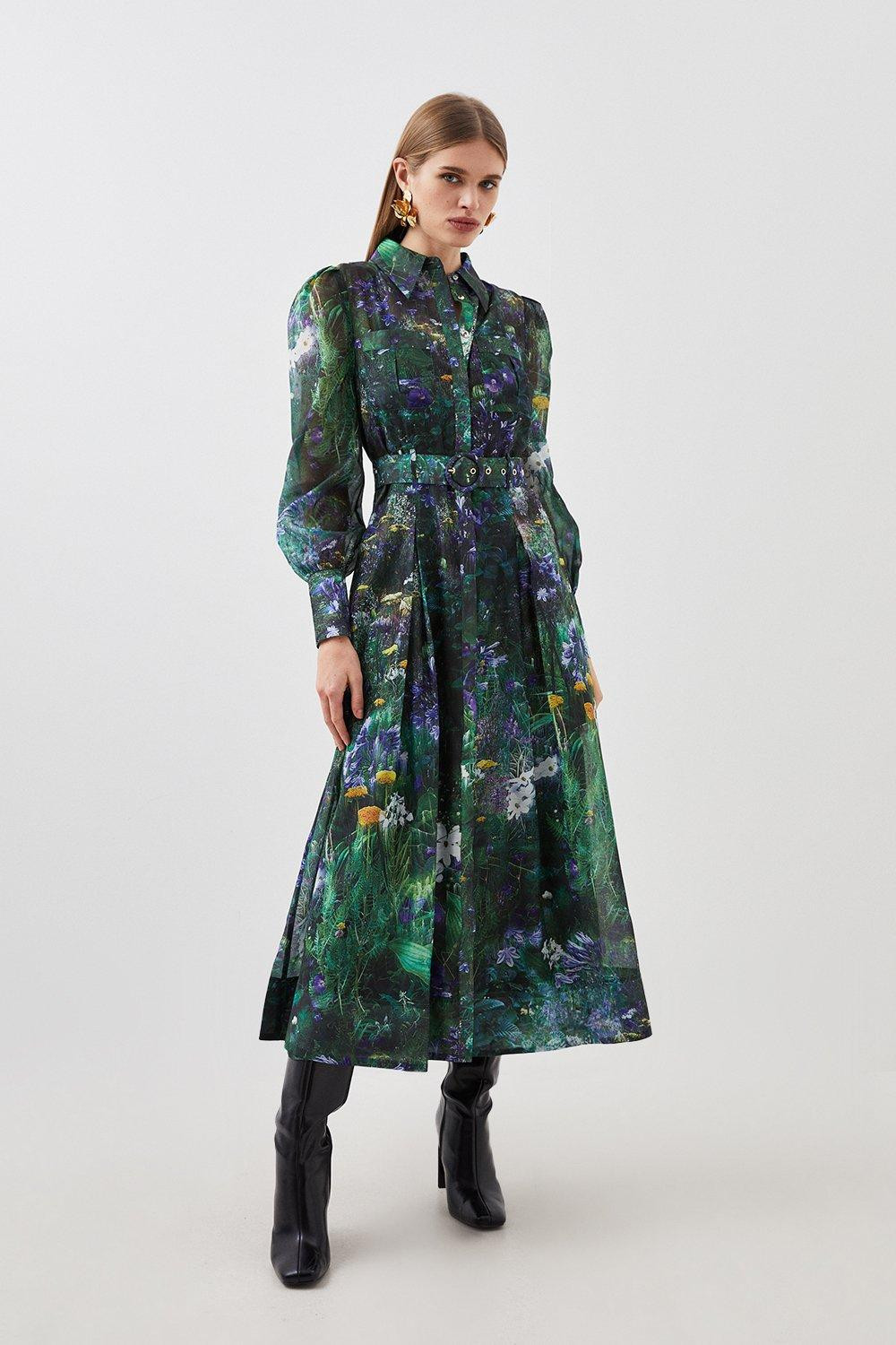 Scenic Floral Printed Organdie Maxi Dress | Karen Millen US