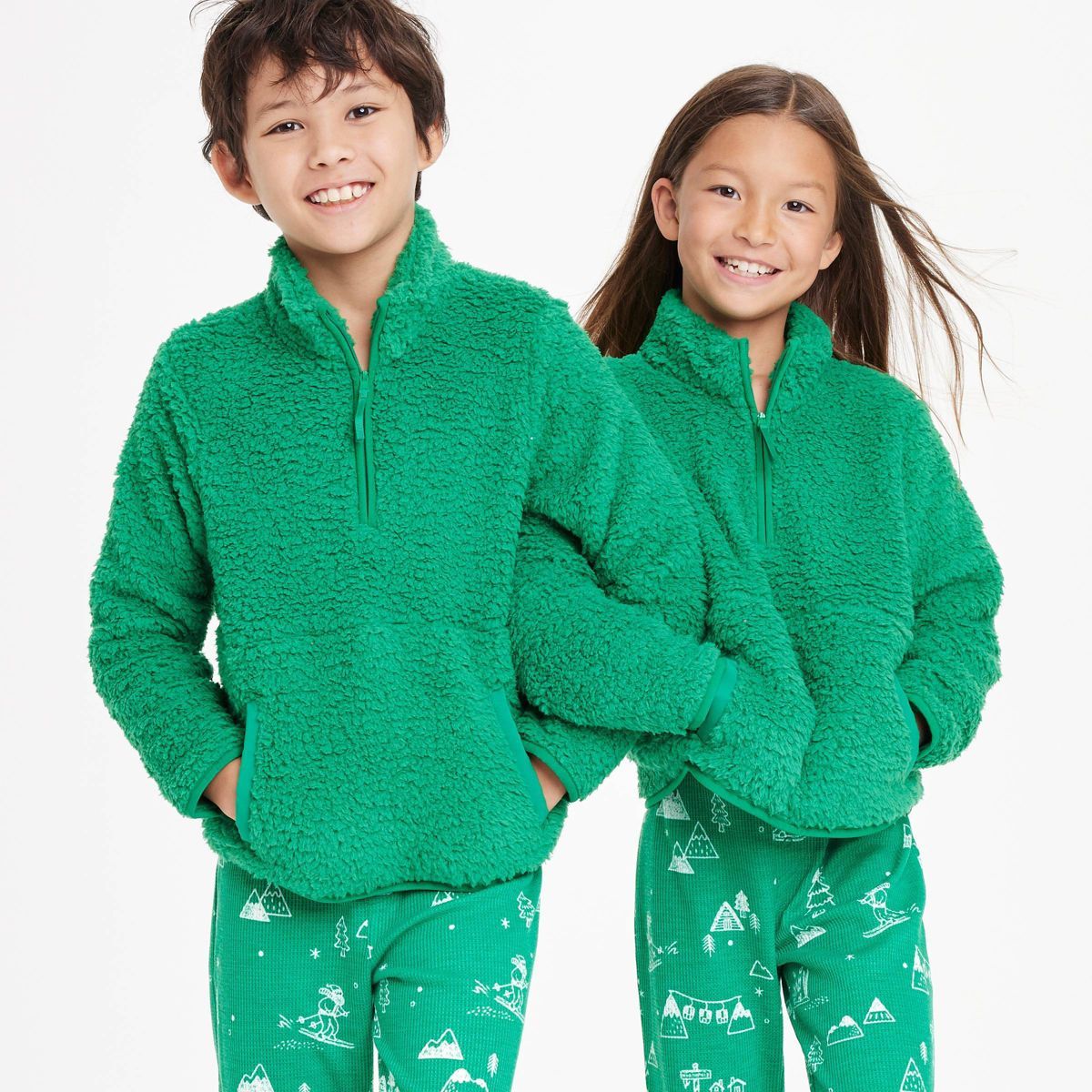 Kids' Faux Shearling Matching Family Half Zip-Up Pajama Pullover - Wondershop™ Green | Target