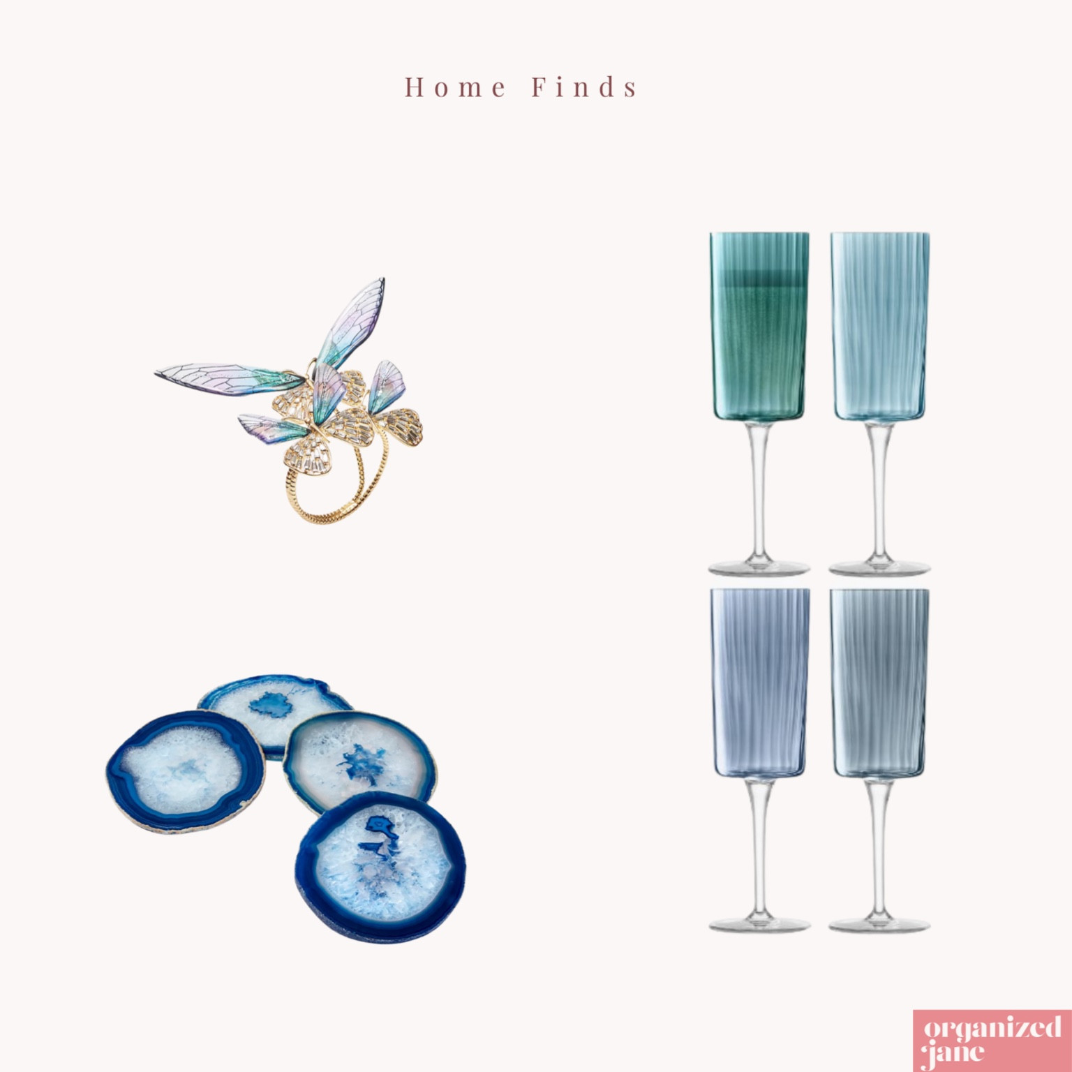 Add a touch of elegance to your home with these unique finds: a delicate butterfly napkin ring, beautiful blue agate coasters, and stylish gradient glassware. Perfect accents for any home decor! 🏡💎🍸 #HomeDecor #ElegantFinds