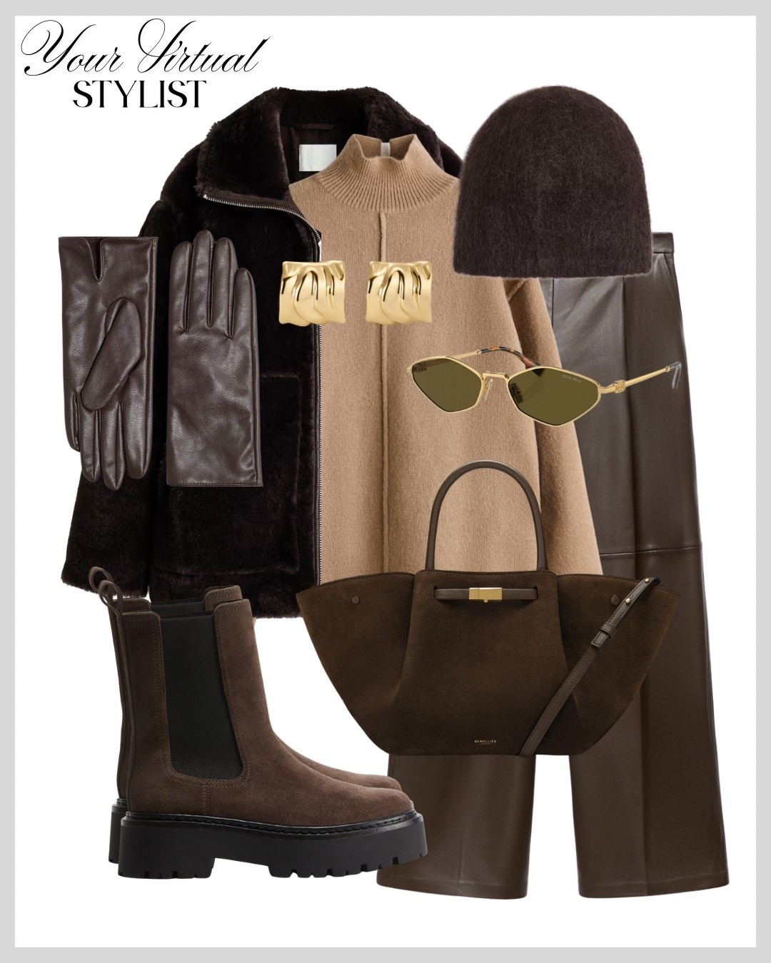 Rich browns and warm camel tones create the perfect winter uniform. Cozy shearling, leather trousers, and chunky suede boots make everyday dressing feel elevated. Finished with sculptural gold accents for a touch of quiet luxury✨

#LTKshoes #LTKbag #LTKwinter