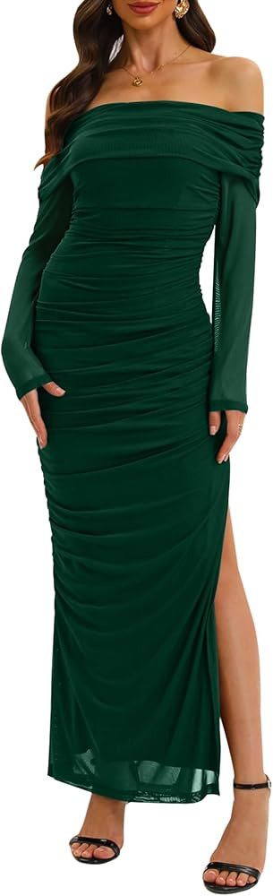 Relipop Women Off Shoulder Dress Long Sleeve Bodycon Mesh Ruched High Split Fall Formal Wedding G... | Amazon (US)