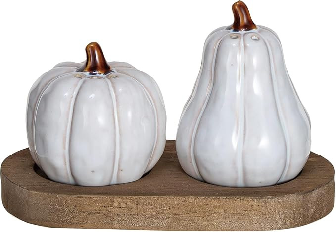 Creative Co-Op Stoneware Pumpkin Shaped Salt and Pepper Shakers on a Wood Tray in Reactive Glaze,... | Amazon (US)