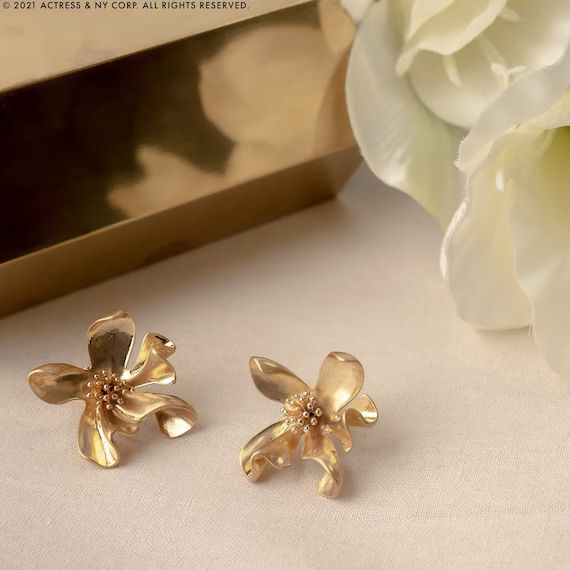 Large Stud Earrings Gold Silver, Statement Earrings, Bridal Bridesmaids Flower Stud, Floral Earri... | Etsy (US)