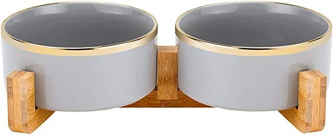 Grey Gold Ceramic Cat Dog Bowl Dish with Wood Stand No Spill Pet Food Water Feeder Cats Large Dog... | Amazon (US)