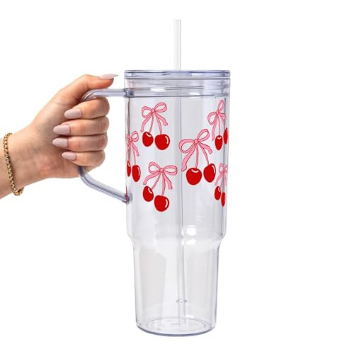 Sip-Sip Hooray! Cherry Bow 40oz Acrylic Tumbler with Lid and Straw, Coquette Aesthetic Iced Coffee Glass, Cherry Bow Gift for Her, Trendy Glass Tumbler | Amazon (US)