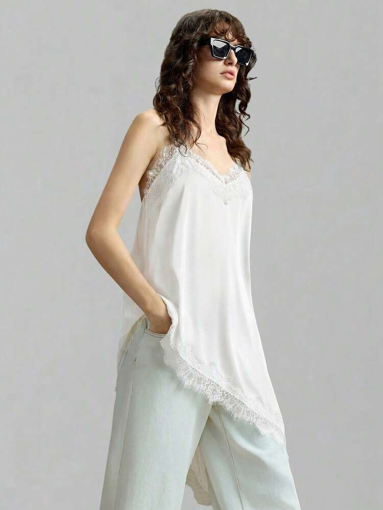 Ontre 2026 Women's Satin Charmeuse Microelastic Fabric Comfortable Soft Spaghetti Strap Long Cami Top, Fitted Silhouette, Lace Trim Accent, Asymmetric Hemline Design, Modern Urban Casual Business Chic Office Wear, Low-Key Elegant Vibe, High-Quality Airport Fashion, Premium Material, Sophisticated Cruise, Graceful Aesthetic, Street-Style Inspired White Satin Cami White Cami Top Lace Trim Top White Top Women Spaghetti Strap Top | SHEIN