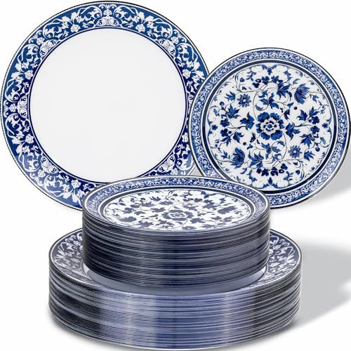 Hioasis 60pcs Blue Plastic Plates Set - Floral Blue & White Porcelain Design, 10.25" Dinner & 7.5" Dessert Plates Disposable for Wedding (Dishwasher Safe, Art Style) | Amazon (US)