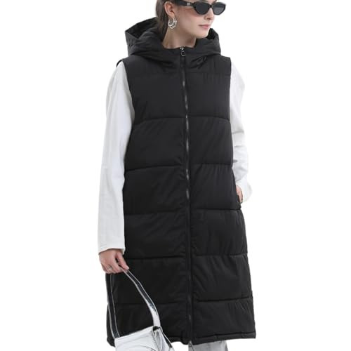 PUFFIT Women's Long Puffer Vest with Hood, Hidden Zipped Side Pockets, Stand Collar, Sleeveless Puffy Bubble Gilet Outwear | Amazon (US)