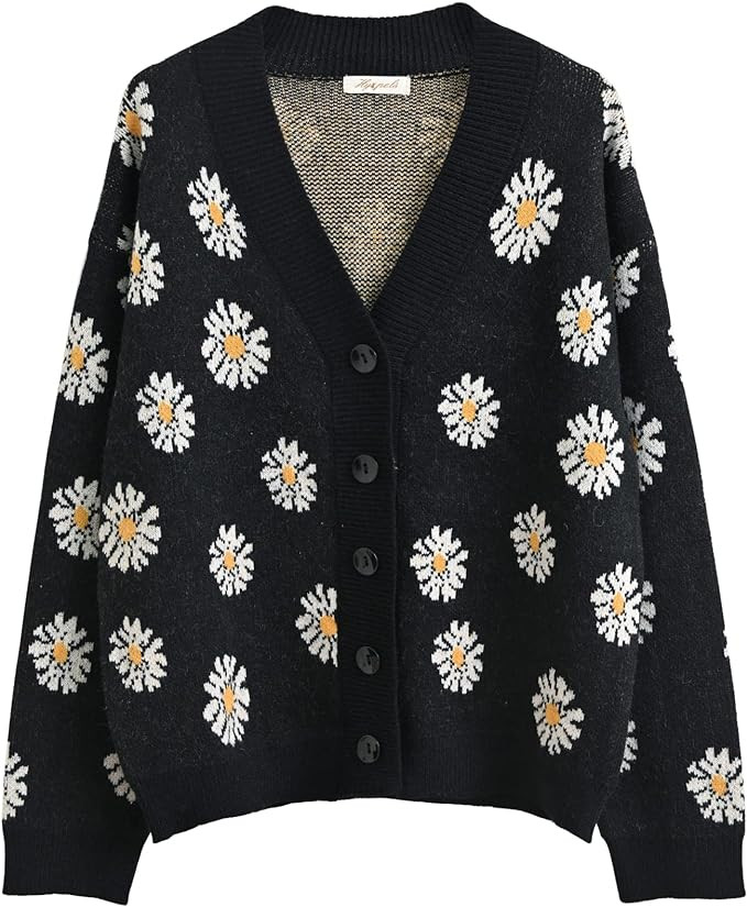 Hyipels Women's Long Sleeve Cardigan Sweater,Cute Y2K Top Knit Colorful Patterned V Neck Button O... | Amazon (US)