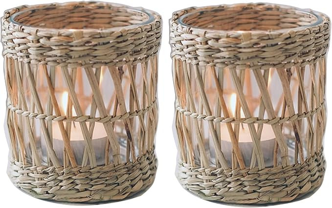 Wicker Rattan Woven Tea Light Candle Holder Set of 2, Handcraft Woven Votive Candle Holder, Rusti... | Amazon (US)
