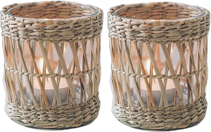 QIAOIDEA Pack 2 Wicker Woven Tea Light Candle Holder, Decorative Handcraft Woven Votive Candle Ho... | Amazon (US)