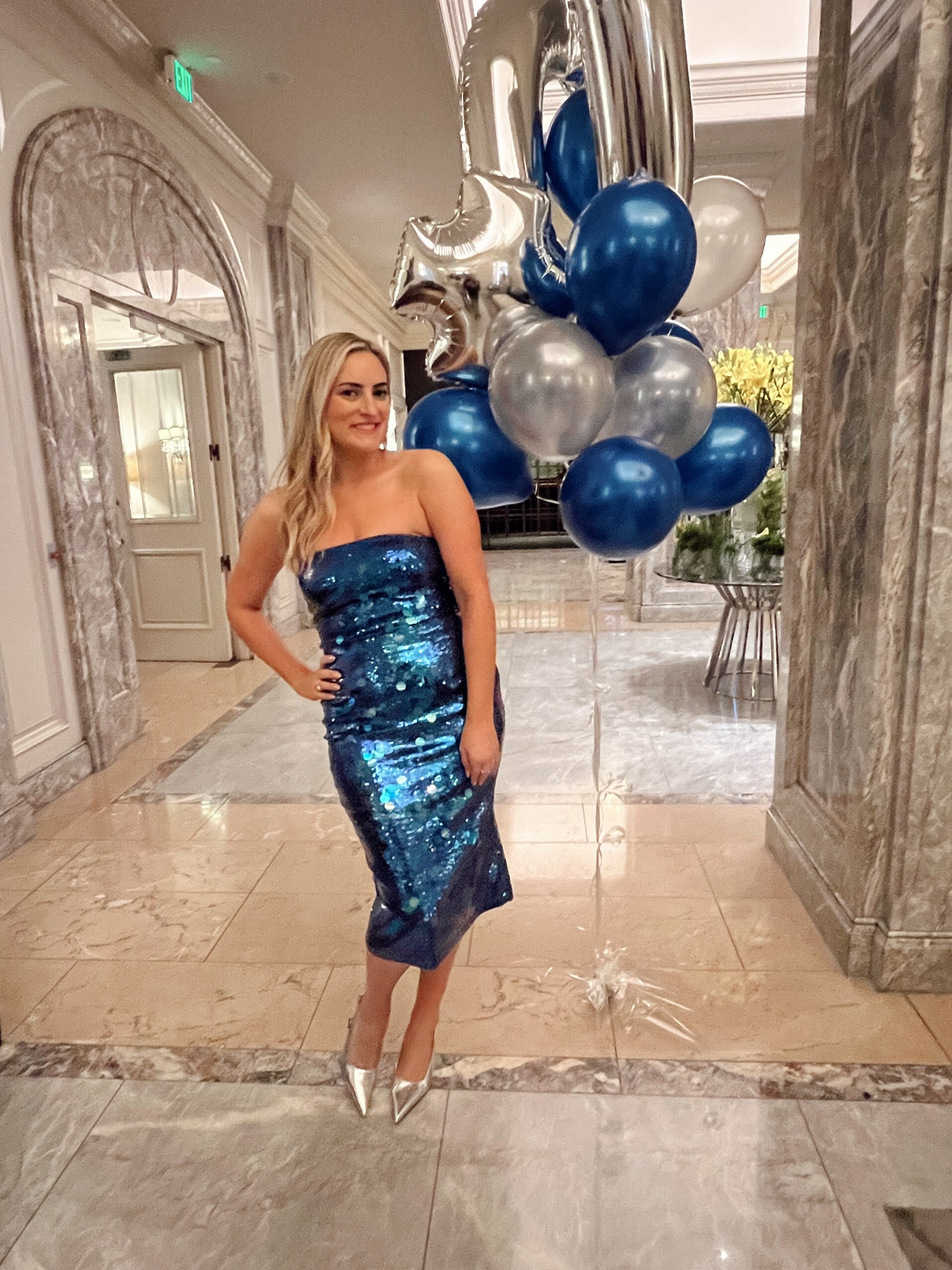 Blue strapless sequin cocktail dress | party dress | metallic heels